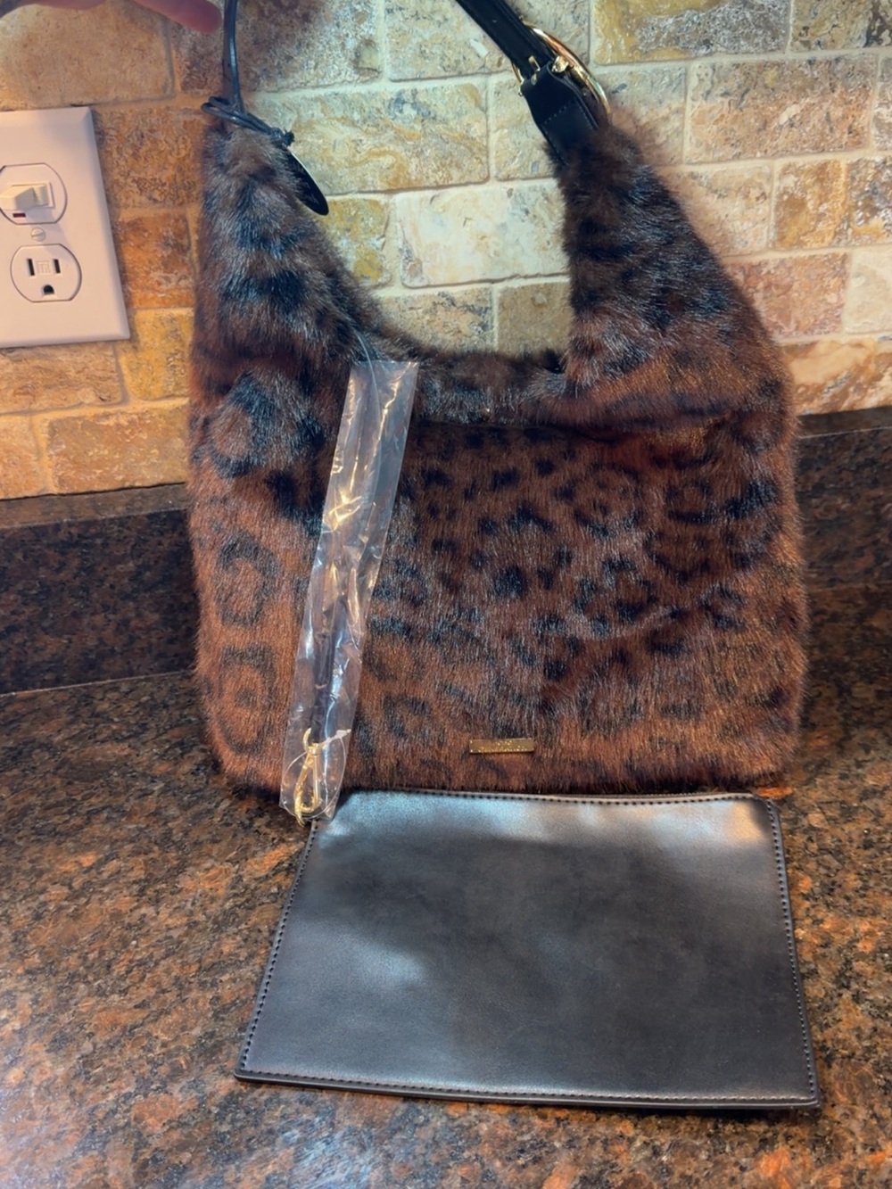 BCBG Brown Leopard Faux Fur Shoulder Bag with Black Insert